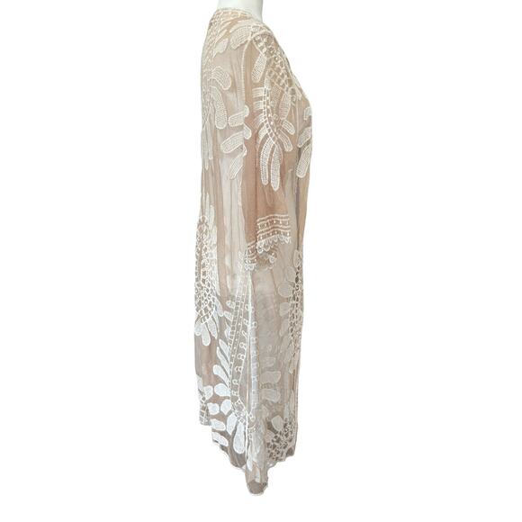 Rebellion Boho Open Duster Swim Cover Medium Tan Cream Floral Embroidery Sheer - Picture 14 of 16